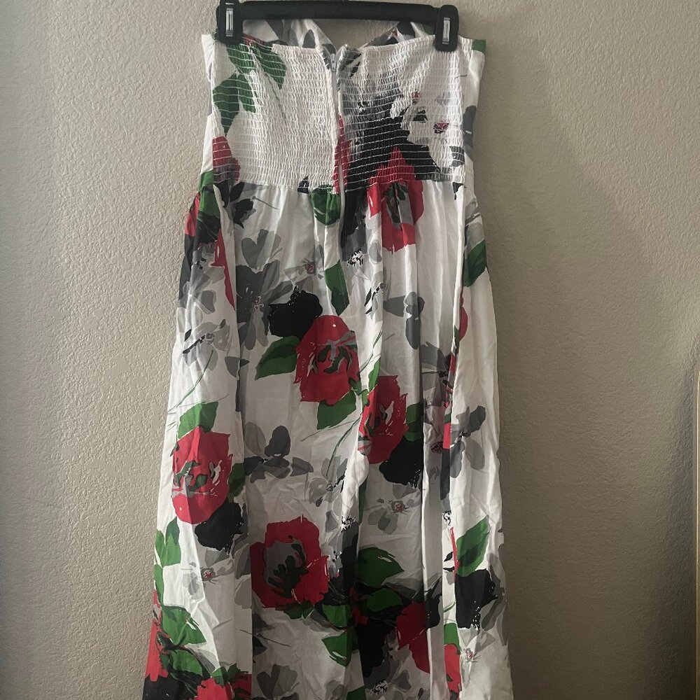 Red/White/Black/Green Floral Below the Knee Strapless Dress